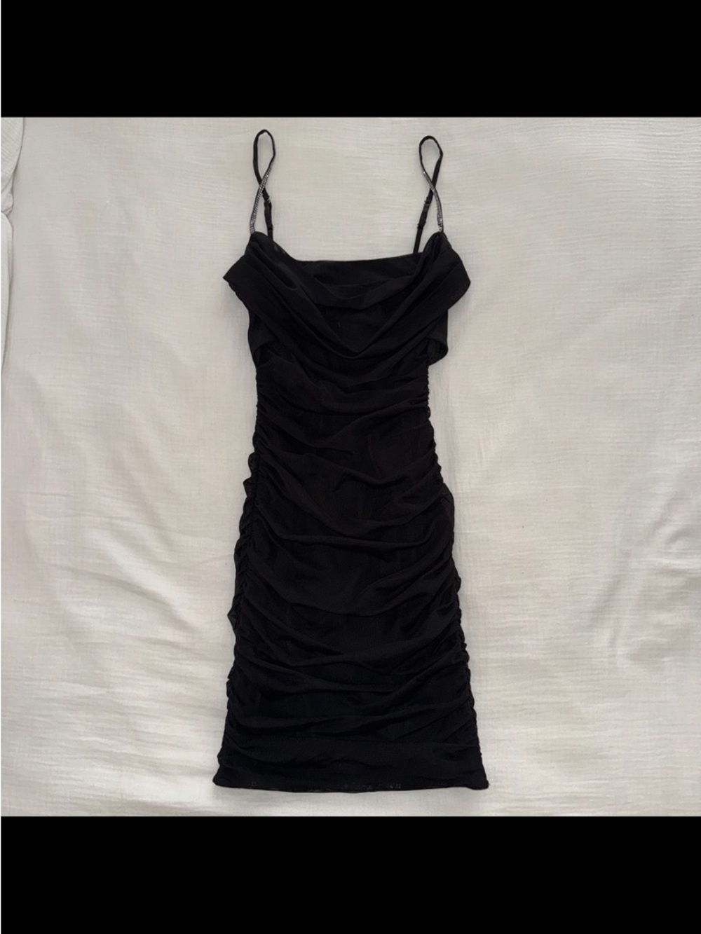 Oh Polly Black Embellished Strap Mini Dress with Draped Bust - Picture 4 of 5